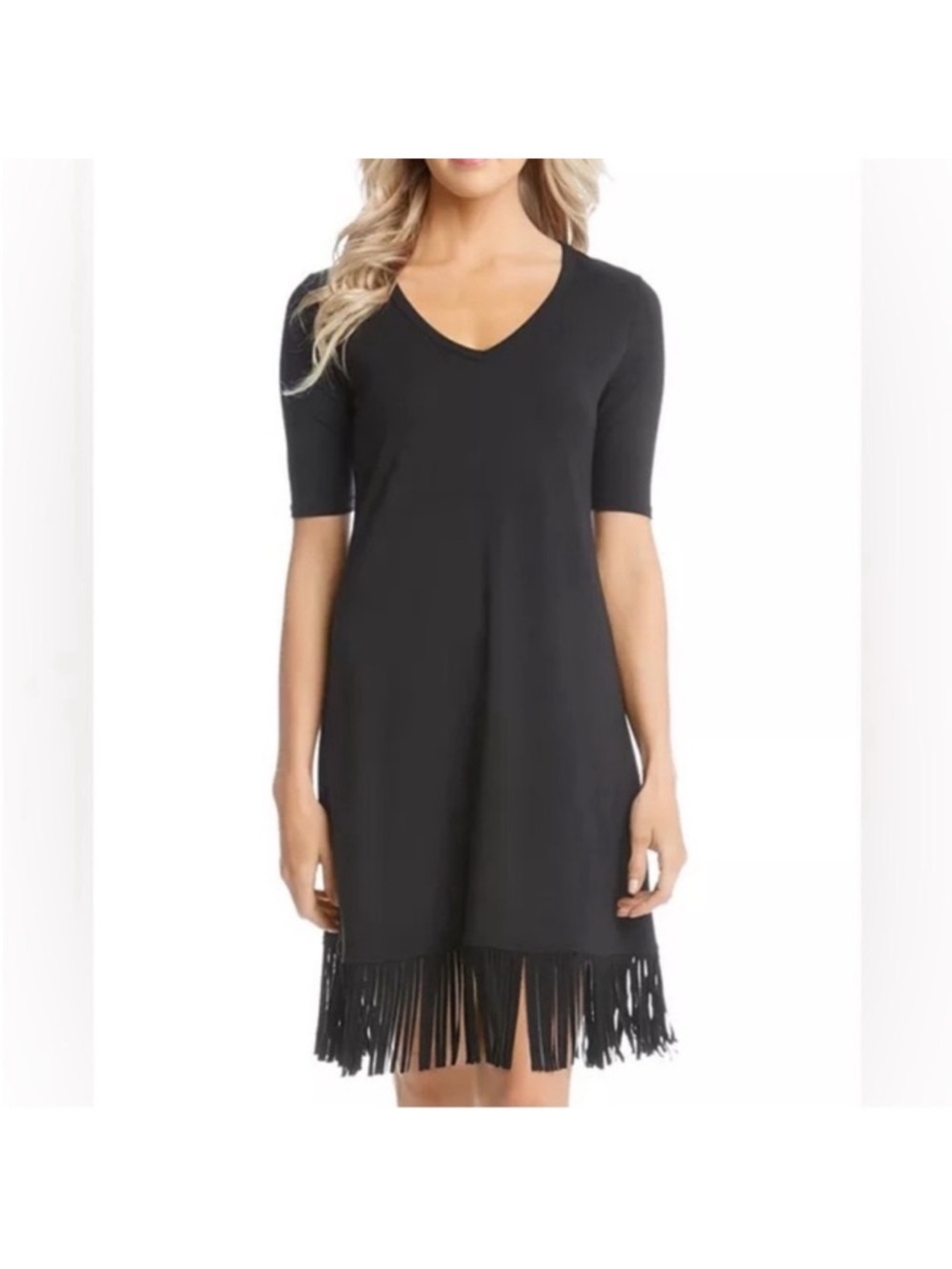 Karen Kane Black V-Neck Fringe Midi Dress